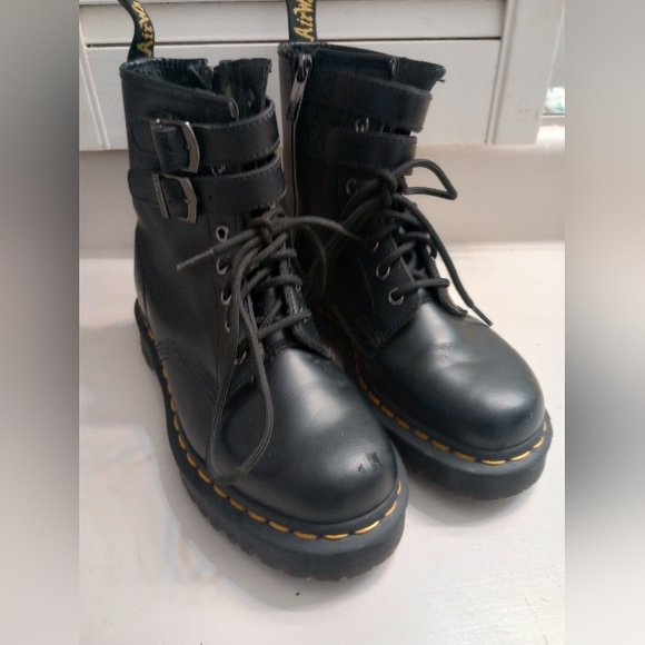 Doc Martens Women's Black Moto Boots With Strap, Buckle And Zipper Closure - Picture 2 of 11